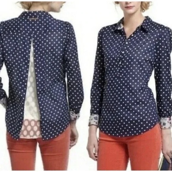 Anthropologie Tops - Birds of Paradis Trovata polka dot navy lace back shirt Medium lightweight work